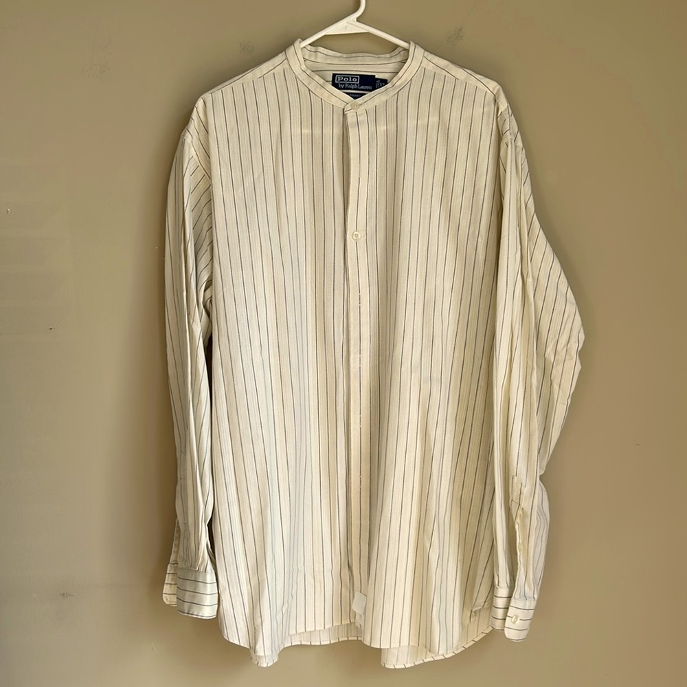 Polo by Ralph Lauren mandarin collar, button front shirt.  Cream. Size XL